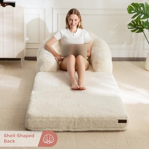MAXYOYO Folding Sofa Bed, 2 in 1 Convertible Sofa to Lounger | Comfy Single Bean Bag Chair for Adults, Floor Couch with Handle, Faux Fur Couch Bed for Living Room Bedroom, Beige - color: Beige, size: Single