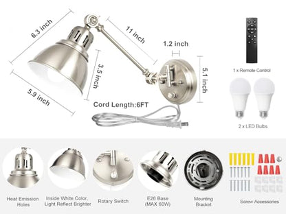 2 Pack Plug in Wall Sconces with Remote Control, Dimming, Adjustable Colors 2700K-6500K, Swing Arm Wall Lamps with Night Light & Timer, Plug-in or Hardwired, LED Bulbs Included, Brushed Nickel - size: Brushed Nickel-2 PACK(Bulbs+Remote)