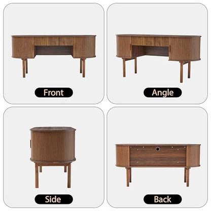 Executive Office Desk with Storage, 63 Inch Large Computer Workstation Desk with Drawer and File Cabinets, Mid Century Modern Fluted Wood Writing Desk for Home Office, Study Room, Living Room, Walnut - color: Walnut