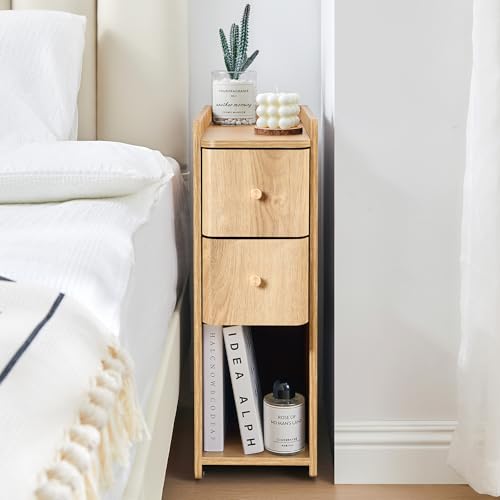 Narrow Nightstand Set of 2, Wooden Small 2 Drawer Nightstand, Slim Side End Table, Skinny Bedside Table, Mid Century Modern Night Stand with Drawers for Bedroom (Natural 2-2 pcs) - color: Natural 2-2 Pcs