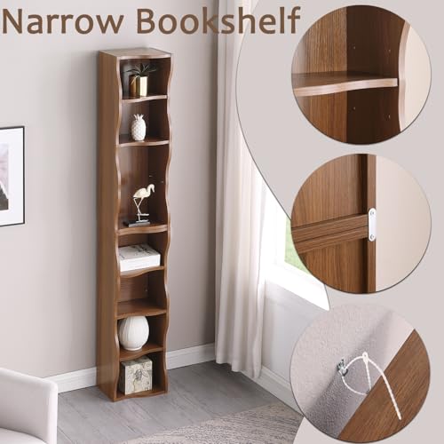 Tall Narrow Bookshelf, 8-Tier Tall Skinny Shelf with Adjustable Shelves, Narrow Bookcase for Small Spaces, 70.87" Slim Bookshelf for Home Office, Easy to Assemble, Walnut - color: A-walnut