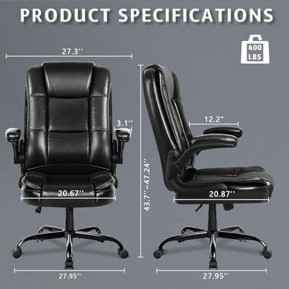 Flip-up Arms Office Desk Chair Big and Tall Managerial Executive Chair, High Back Computer Chair Ergonomic Adjustable Height PU Leather Chairs with Armrest for Long Time Sitting - color: New Black