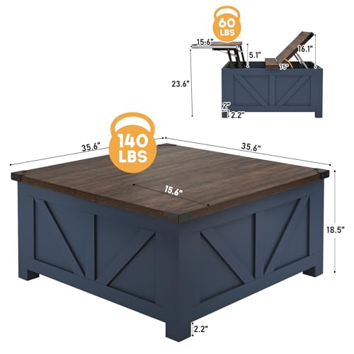 jimeimen Farmhouse Lift Top Coffee Table with Storage, Wood Square Center Table with Charging Station&USB Port, Living Room Table w/Large Hidden Space, for Living Room, Bedroom, Home Office, Blue - color: Blue