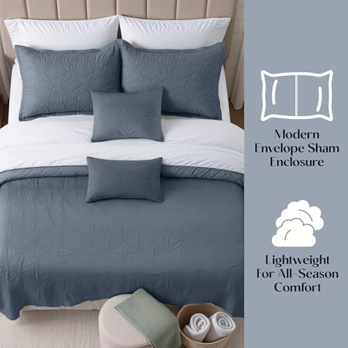 Clara Clark Quilts Twin Size - All Season Bedspread Coverlet Set, Pinsonic Weave Lightweight Bedding Set - 5 Piece Twin Quilt Set with Pillow Shams, Steel Blue - Twin Grid - color: 22 – Slate Blue – Grid, size: Twin