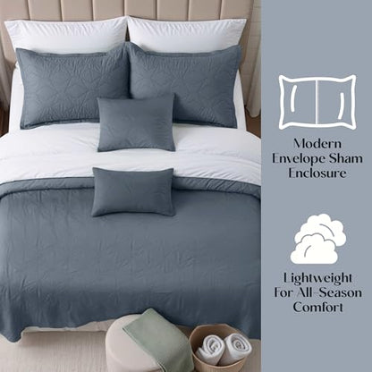 Clara Clark Quilts Twin Size - All Season Bedspread Coverlet Set, Pinsonic Weave Lightweight Bedding Set - 5 Piece Twin Quilt Set with Pillow Shams, Steel Blue - Twin Grid - color: 22 – Slate Blue – Grid, size: Twin