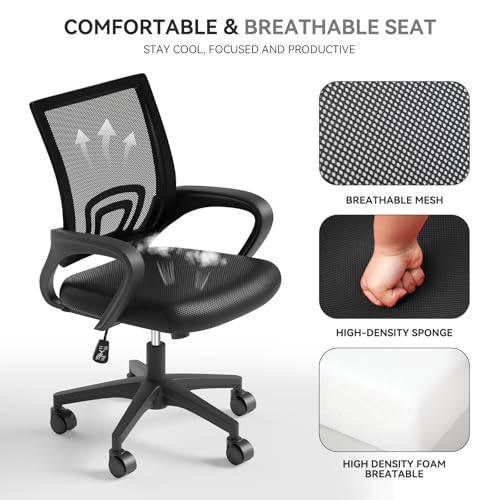 Ergonomic Office Chair, Mid-Back Mesh Desk Chair, Computer Chair, Black | Lumbar Support, Rocking Mode, Height Adjustable, Fixed Armrest, for Computer, Gaming, Conference, Meeting - color: Black