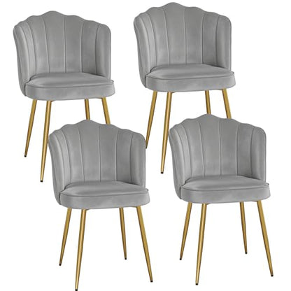 VECELO Velvet Dining Chairs Set of 4, Modern Upholstered Kitchen Chairs with Thick Cushions, Curved Padded Backrest and Metal Legs, for Kitchen, Dining Room, Living Room, Gray - color: Grey, size: Set of 4