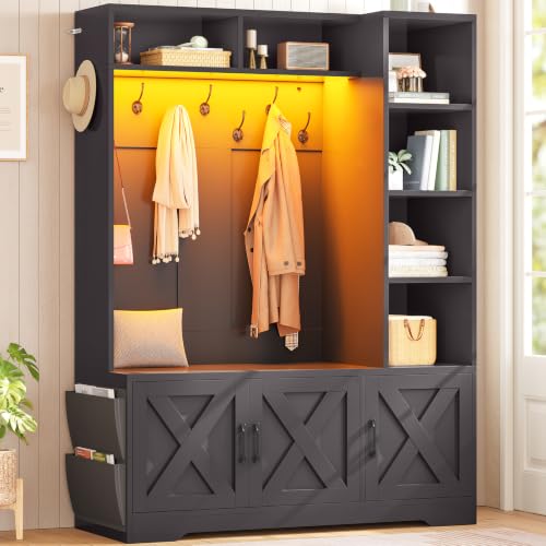 Itaar Hall Tree with Bench and Shoe Storage, Farmhouse Entryway Bench with Coat Rack, Shoe Cabinet with Adjustable Shelves, 6 Storage Cubbies, 10 Coat Hooks, Storage Bag, Led Lights, Black - color: Black, size: 13.8"D x 43.3"W x 70.9"H