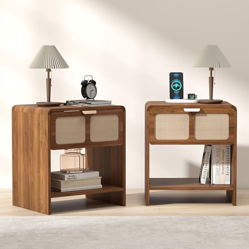 Set of 2 Nightstands with Charging Station, Mid Century Bedside Table | Rounded corner design, charging station, textured drawer front, open shelf storage and compact organization for bedrooms - color: Walnut–linen Drawer Front, size: 2-Pack
