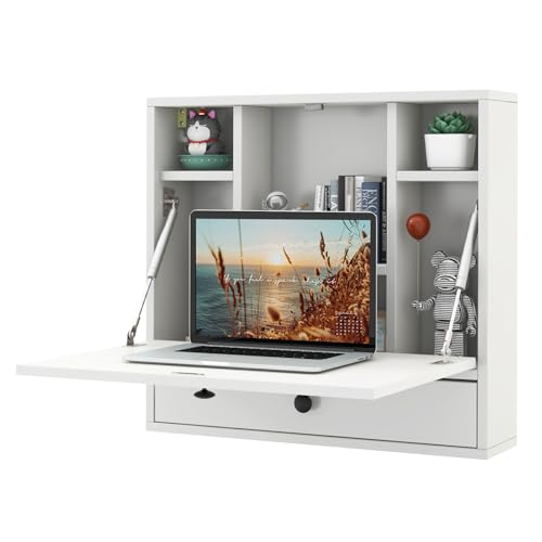 Tangkula Folding Wall Table, Floating Desk with Storage Drawer & Shelves, Space Saving Wall Mounted Table, White - color: White