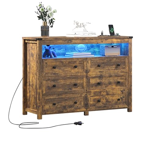 Brown Dresser 6 Drawer Dressers for Bedroom with LED Lights, Charging Station, Wood Chest of Drawers with Metal Handles, Modern TV Stand Storage Cabinet for Living Room, Hallway, Entryway - color: Brown, style: LED 6 Drawers