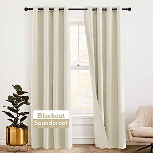 RYB HOME 3-in-1 Soundproof Blackout Thermal Insulation Living Room Curtains | Noise Blocker, 3 Layers, UV Heat Light Blcoking, For Bedroom Theatre Large Bay Window, W52 x L102, Beige, 2 Panels - color: Beige, size: 52"W x 102"L (Pack of 2)