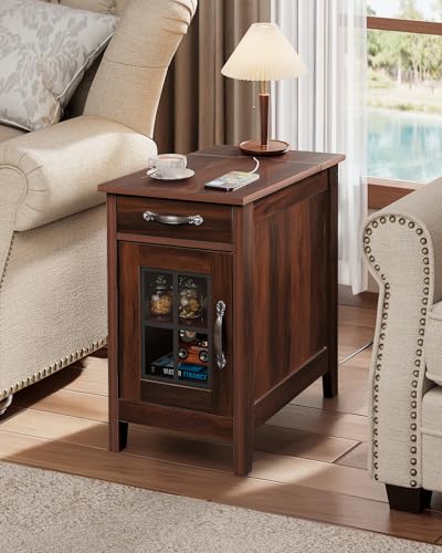 WLIVE End Table with Charging Station, Narrow Nightstand for Living Room, Farmhouse Night Stand with Storage, Small Wooden Cabinet Side Table with USB Ports and Outlets, 23.62"D x 13.78"W x 23.62"H - color: Espresso