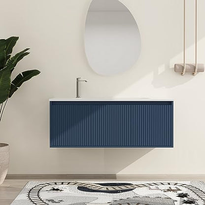 Malwee 48 Inch Floating Bathroom Vanity with Waterdrop Resin Sink, 3 Doors, Navy Blue