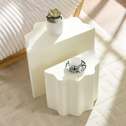 Nesting Coffee Table Set of 2 for Living Room, Modern Circle Center Table with Wavy Edges Design, Accent End Side Table for Small Space, No Need Assembly (Fiberglass, 22.05"+16.93") - color: 22.05"+16.93" Fiberglass, Beige