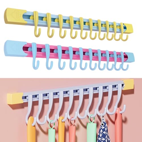 OULIGET Utility Slide Rail Hook,Under Cabinet Kitchen No Punching Hooks for Hanging Utensil,Bathroom Bedroom Office Wall Door Rack with 10 Hooks,2Pieces - color: Blue Pink