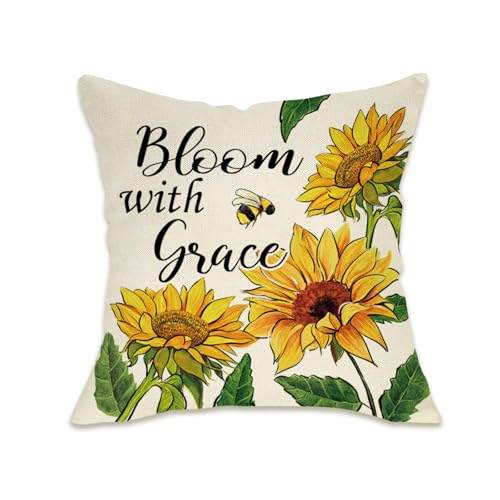 Fahrendom Sunflower Throw Pillow Cover 20x20 Bloom with Grace Farmhouse | Decorative Pillow Covers Yellow Floral Bee Spring Summer Cushion Case for Couch Sofa Bedroom Living Room Home Decor - color: Sunflower, size: 20" x 20" (Pack of 1)