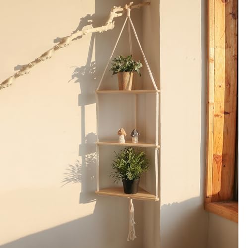 Artilady Corner Shelves Macrame Wall Hanging, 3 Tier Boho Storage | Adjust White Wood Floating Shelf, Rustic Photo Crystal Candle Holder for Small Space, Bedroom Living Room Display Wall Decor - color: White - 3 Tier Macrame