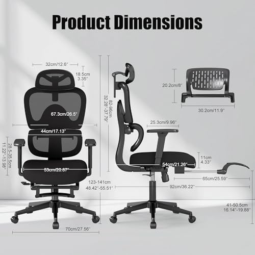 Ergonomic Office Chair with Footrest – Adjustable Lumbar Support, 3D Armrests & Headrest, Wide-Seat High-Back Mesh Computer Chair with Casters, Suitable for Home & Office, Black - style: with Footrest