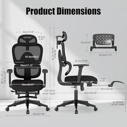 Ergonomic Office Chair with Footrest – Adjustable Lumbar Support, 3D Armrests & Headrest, Wide-Seat High-Back Mesh Computer Chair with Casters, Suitable for Home & Office, Black - style: with Footrest