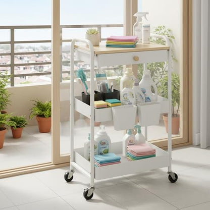 3 Tier Rolling Cart with Wooden Table Top, White Rolling Utility Cart with Drawer & Locked Wheels, Easy Assembly for Nursery, Living Room, Studio - color: White