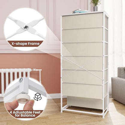 Fabric Dresser for Bedroom, Wide 7-Drawer Tall Vertical Tower (Beige) | Wooden Top, Steel Frame, Easy Pull Bin,Organizer Unit for Living Room, Hallway, Entryway, Nursery, Closets - color: Beige, style: Wide-7 Drawers