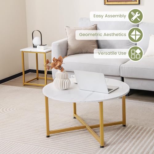COSTWAY Coffee Table Set of 3, Round Faux Marble Coffee Table and 2 Square End Side Tables with Metal Frame, Modern 3-Piece Living Room Tables Set for Small Space, Apartment (White & Gold) - color: White & Gold