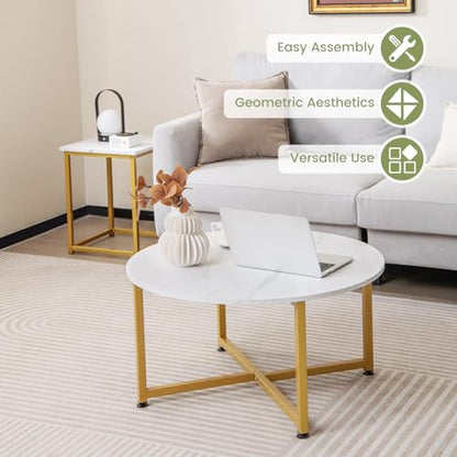 COSTWAY Coffee Table Set of 3, Round Faux Marble Coffee Table and 2 Square End Side Tables with Metal Frame, Modern 3-Piece Living Room Tables Set for Small Space, Apartment (White & Gold) - color: White & Gold