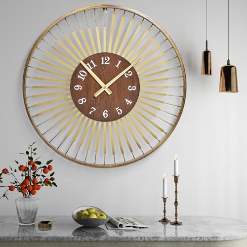 24 Inch Mid-Century Modern Wall Clock | round frame with walnut center, silent quartz clock, gold accents, decor wall clock for living room, bedroom & office - color: F - Gold Clock