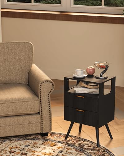 Leomonio Black Nightstand,Modern Bedside Table with 2 Storage Drawer and Open Wood Shelf, for Bedroom and Small Spaces,Night Stand with Solid Wood Legs - color: Black