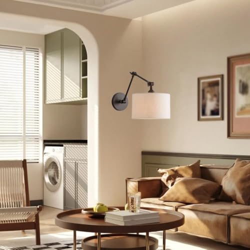 Black Bedside Wall Lamp with White Fabric Drum Shade, Modern Swing Arm Wall Sconce, Adjustable Wall Lighting Fixtures, Hardwired Wall Mounted Reading Light for Bedroom Living Room Hallway