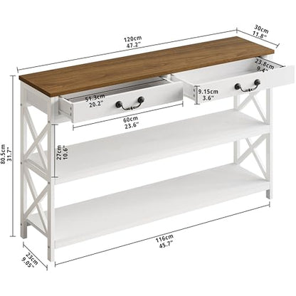 IRONCK 47.2" Farmhouse Console Table, Sofa Table with 2 Drawer, White | Narrow Long Entry Table with 2 Shelf for Entryway, Living Room, Hallway - size: 47.2inch