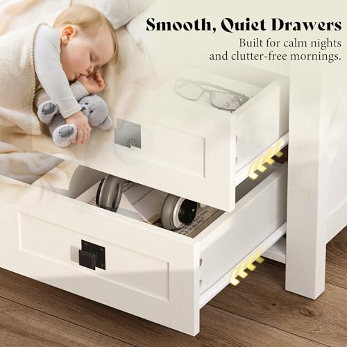 AMERLIFE Farmhouse Wood Nightstand Set of 2, End Table with Drawers, White | Narrow/Small 18" Bedside Table with Open Shelf, Wooden Night Stand for Bedroom/Home Office, Rustic White + Honey Brown - color: Rustic White + Honey Brown