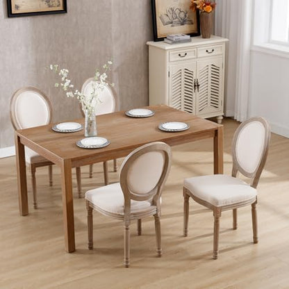 Kmax Farmhouse Dining Room Chairs, Brown Wood Legs Elegant Tufted Kitchen Chairs, French Distressed Bedroom Chairs with Round Back, Set of 2, Beige - color: Antique Brush-fabric-beige, size: 2 Chairs