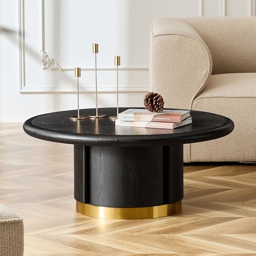 35.43" Round Coffee Table with Sintered Stone Tabletop & Cylindrical Stainless Base, Modern Circle Center Table Tea Table for Living Room, Easy Assembly - Black - color: 35.43" Coffee Table With Sintered Tabletop, Black