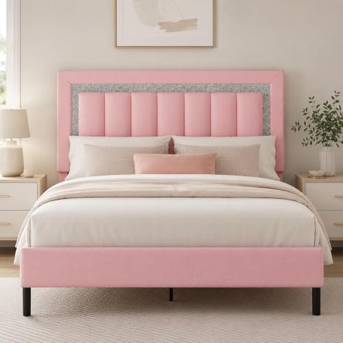 HOMBCK Queen Bed Frame with Faux Leather Upholstered Headboard | Queen Size Bed Frame with Diamond Vertical Design, No Box Spring Needed, Under Bed Storage, Easy Assembly, Pink - color: Pink, size: Queen