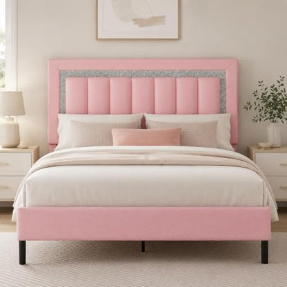 HOMBCK Queen Bed Frame with Faux Leather Upholstered Headboard | Queen Size Bed Frame with Diamond Vertical Design, No Box Spring Needed, Under Bed Storage, Easy Assembly, Pink - color: Pink, size: Queen