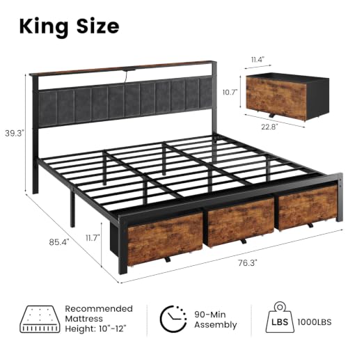 King Size Bed Frame with Storage Headboard and 3 Drawers | Upholstered Platform Bed with Smart LED Lights, Usb Type-C Charging Station, Metal Slats, Noise Free, No Box Spring Needed - size: King