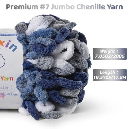 Super Soft Loop Yarn for Finger Knit, 3 Pack of 7.05oz/19.5yds Each, Chunky Blanket Yarn for Hand Knitting, #7 Jumbo Chenille Yarn, Fluffy Baby Blanket Yarn for Crochet Amigurumi (3 Blue-White) - color: 3 Blue-White