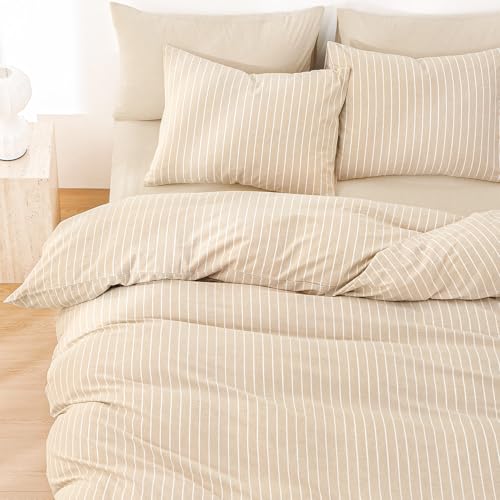 Wake In Cloud - Striped Cotton Duvet Cover Set, Ticking Stripe Vertical Pinstripe Farmhouse, 100% Washed Cotton Textured Bedding Set, 3 Pieces, Tan, Full Size - color: Tan, size: Full