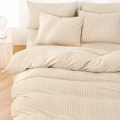 Wake In Cloud - Striped Cotton Duvet Cover Set, Ticking Stripe Vertical Pinstripe Farmhouse, 100% Washed Cotton Textured Bedding Set, 3 Pieces, Tan, Full Size - color: Tan, size: Full