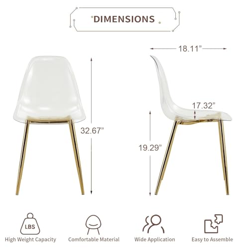 Baysitone Clear Dining Chairs Set of 10, Modern Kitchen Chairs with Transparent Seat, Acrylic Accent Side Chairs with Plating Metal Legs for Dining Room, Kitchen, Living Room with Gold - color: Golden, size: Set of 10