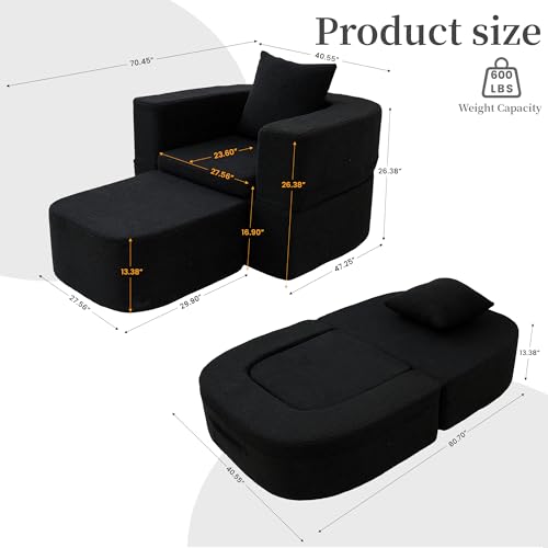 40" Pull Out Couch,2 in 1 Sleeper Sofa Bed,Convertible Sleeper Chair with Pillow Foldable Mattress with Back Support,Teddy Fleece,Black - color: Black