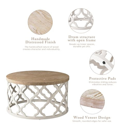 karlott Farmhouse Coffee Table, French Country Round Coffee Table, Beige | Solid Wood Veneer Tabletop, Curved Motif Frame Base, Coastal Boho Center Table, Small Rustic Coffee Tables for Living Room - size: Coffee Table 30 Inches