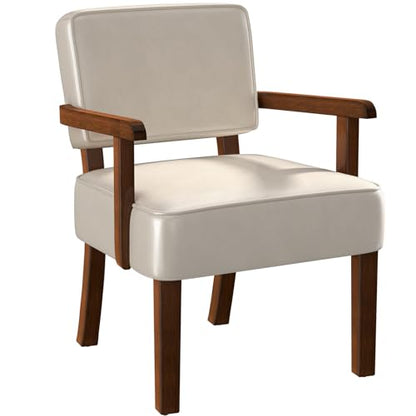 Faux Leather Accent Chair, Mid-Century Armchair with Wood Frame | Upholstered Living Room Chair, Comfy Reading Chair for Bedroom, Waiting Room, Home Office, Easy Assembly, Beige - color: Faux Leather Beige, size: One Chair