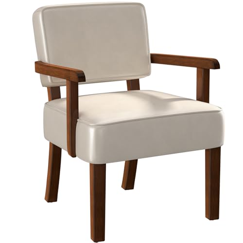Faux Leather Accent Chair, Mid-Century Armchair with Wood Frame | Upholstered Living Room Chair, Comfy Reading Chair for Bedroom, Waiting Room, Home Office, Easy Assembly, Beige - color: Faux Leather Beige, size: One Chair