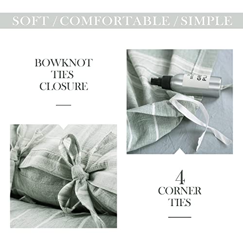 BISELINA Striped Duvet Cover Set 2pcs 100% Washed Cotton Linen Like Textured with Bowknot Bow Ties Strap Reversible Breathable Soft Comfy Chic Yarn Dyed Bedding (Twin, Grayish Green) - color: Grayish Green, size: Twin