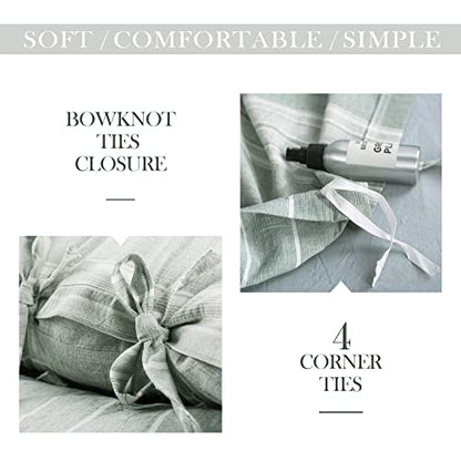 BISELINA Striped Duvet Cover Set 3pcs 100% Washed Cotton Linen Like Textured with Bowknot Bow Ties Strap Reversible Breathable Soft Comfy Chic Yarn Dyed Bedding (Full, Grayish Green) - color: Grayish Green, size: Full