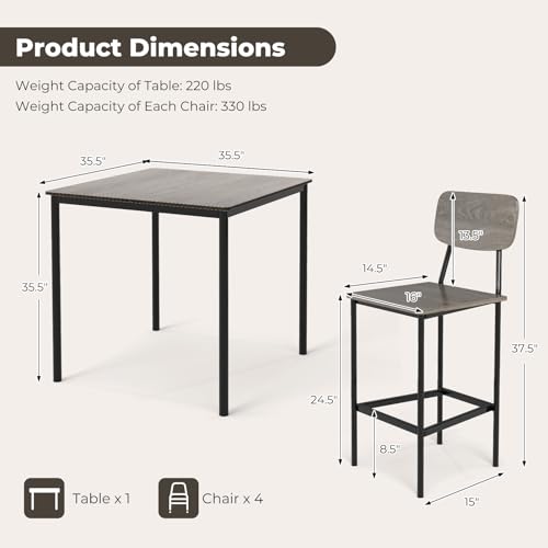 NAFORT Counter Height Dining Table Set for 4, Industrial Bar Table and Chairs Set, 5 Piece Square Pub Table with 4 Stools, Space-Saving Kitchen & Dining Room Furniture Set for Pub, Home, Restaurant - color: Grey