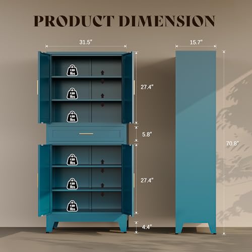 71"H Metal Kitchen Pantry Cabinet with Drawers,Blue Kitchen Storage Cabinets with Doors,Farmhouse Pantry Food Storage Cabinets,Tall Pantry Cabinets,Large Freestanding Cabinets for Dining Room - color: Blue, size: 71"H-1Drawer-4Doors